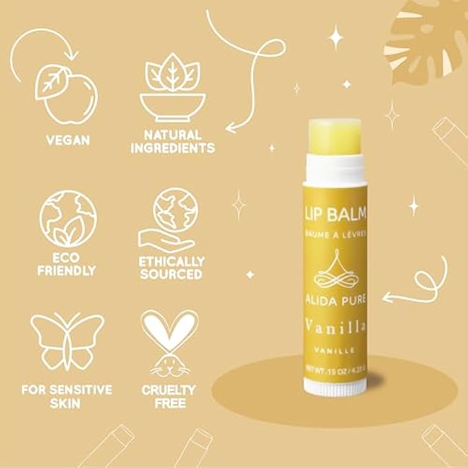 ALIDA PURE VANILLA LIP BALM COLLECTION, VEGAN LIP BALM SET, BEESWAX FREE, WITH AVOCADO OIL, ORGANIC JOJOBA OIL, AND VITAMIN E, NATURAL MOISTURIZER FOR DRY, CHAPPED LIPS, 3 TUBE SET - Image 4